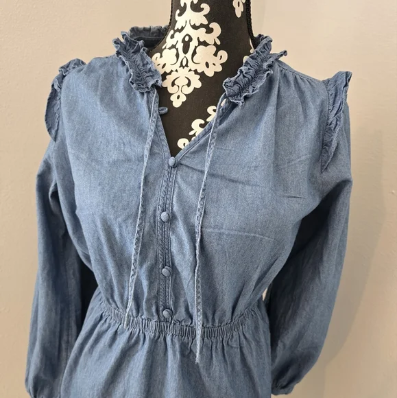 Lauren Conrad Blue Chambray Ruffled Long Sleeve Dress Size L - Picture 4 of 12